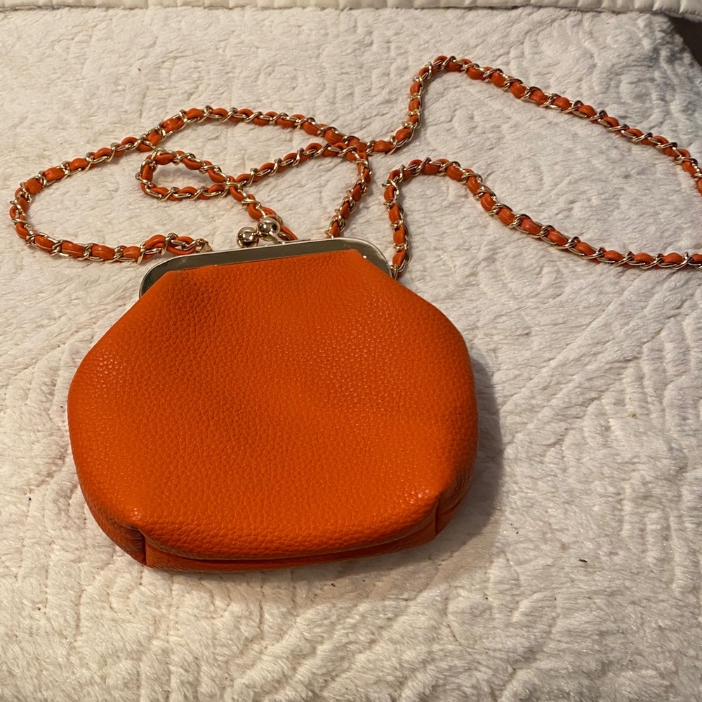 Orange Leather Clutch with Chain Strap